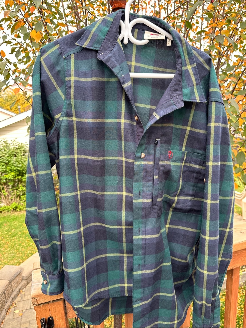 Fjällräven Övik Flannel — Navy/Green Plaid — Size L